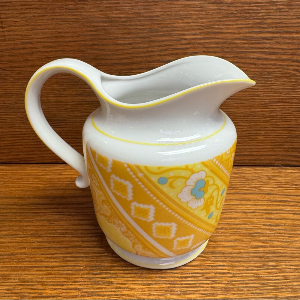 Vintage Ames Yellow and White Ceramic Pitcher